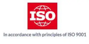 A red and white logo for iso